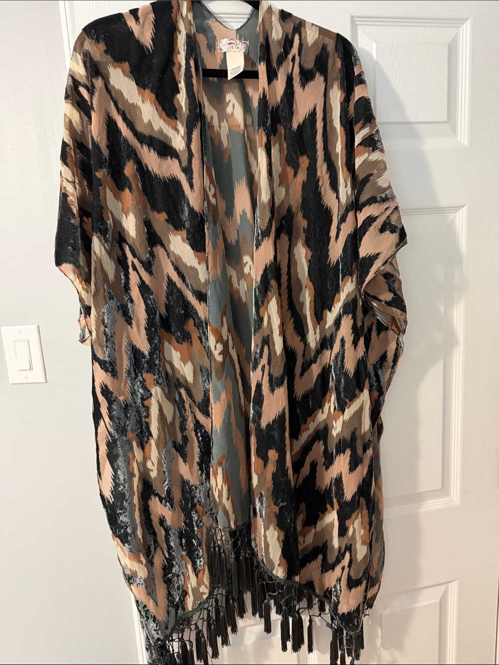 Free People Abstract Fringe Open Kimono in Black, Tan, Cream